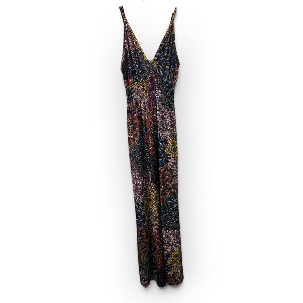 Gypsy Chic Maxi Dress Boho Paisley Print V-Neck Smocked Waist Sundress Festival